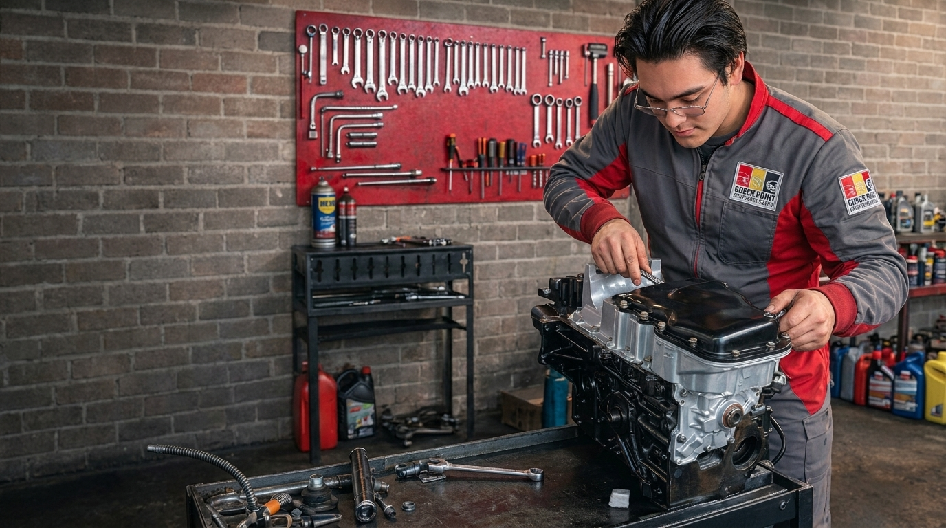 Equipo técnico trabajando en taller automotriz.